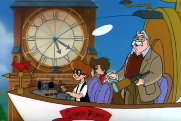 Group in airship flying by clock tower