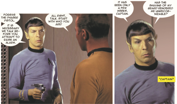 Beardless Mirror Spock pointing phaser at Kirk