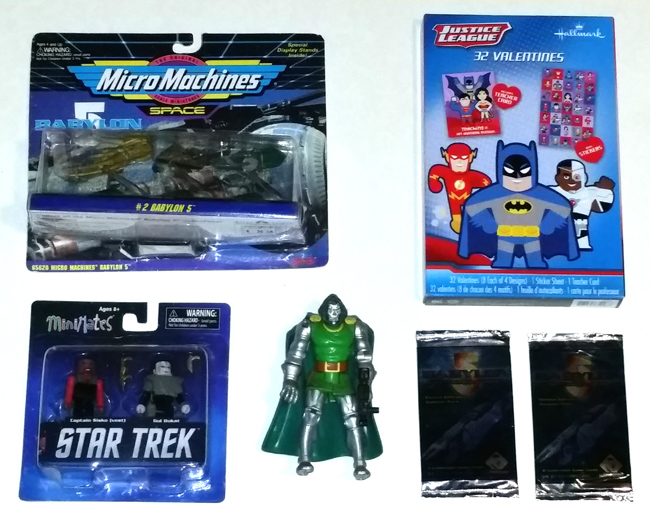Babylon 5 ships, Star Trek MiniMates, superhero valentines, Dr. Doom, Babylon 5 cards