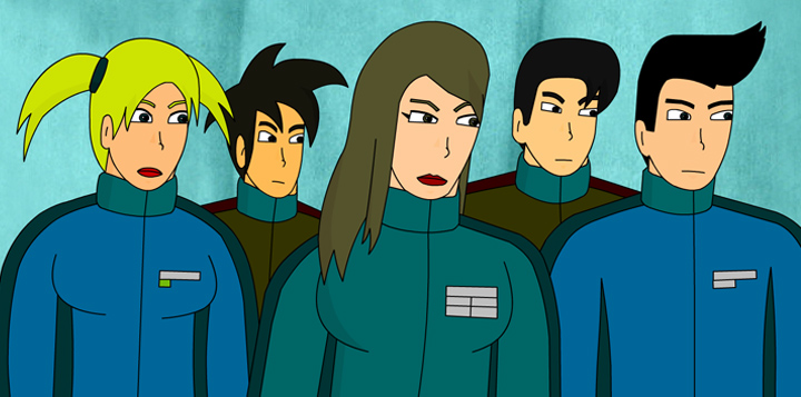 Space Rescue Squad cast: Linda, Pierre, Jan, Doug, and Zach