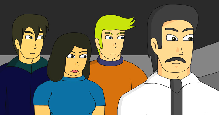 The Underground Defenders versions of Carl, Liz, Roger, and the Professor
