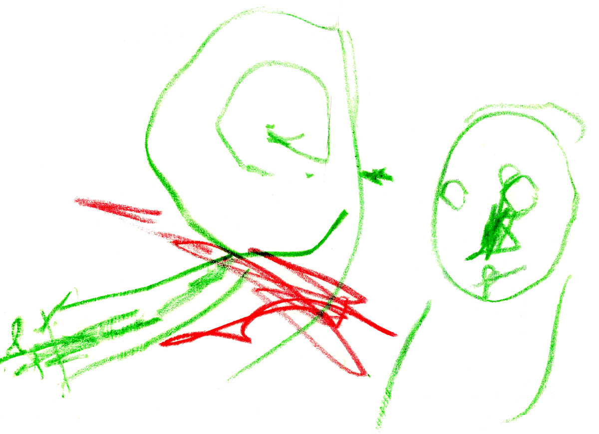 Two clusters of scribbles; the one on the right seems to have a face