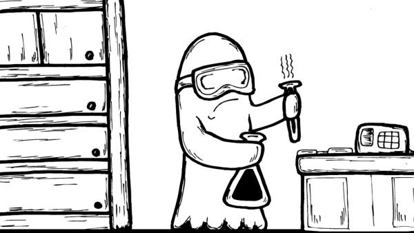 A ghost in a laboratory wearing goggles and holding an Erlenmeyer in one hand and a test tube in another