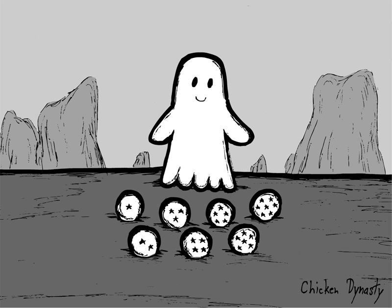 Smiling ghost standing behind the seven dragon balls