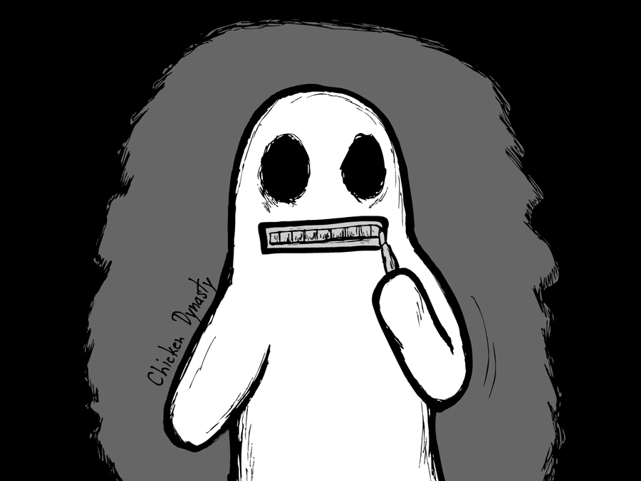 Scared ghost zipping its zipper mouth shut
