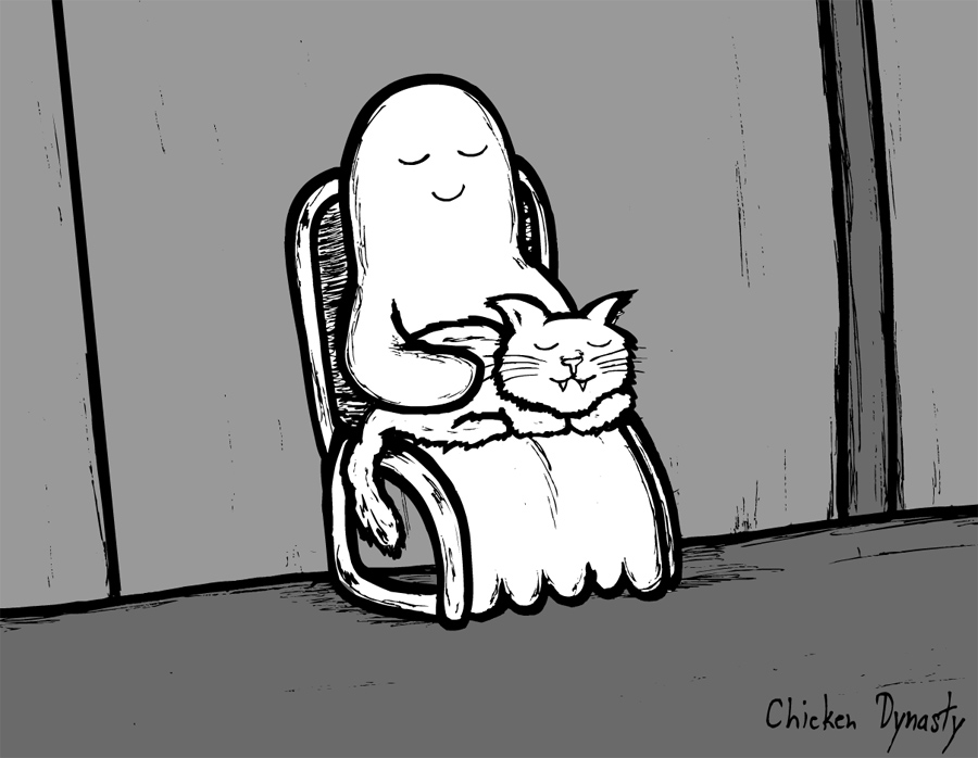 Smiling ghost sitting in chair with fluffy cat in its lap