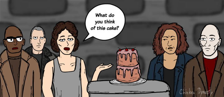 Ellen Ripley, surrounded by Alien 3 characters and Rita from Wentworth. She's standing next to a table with a large cake: "What do you think of this cake?"