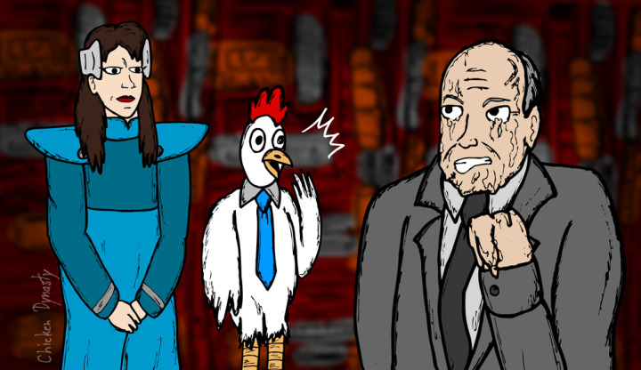 Delenn from Babylon 5 and a chicken wearing a necktie reacting at a melty Rudy Giuliani