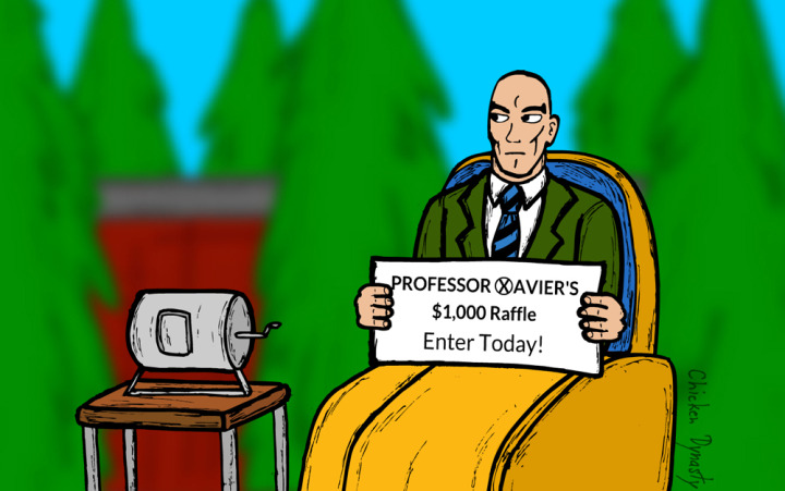 Professor Xavier outside next to a raffle drum holding a sign: "Professor Xavier's $1,000 Raffle. Enter Today!"