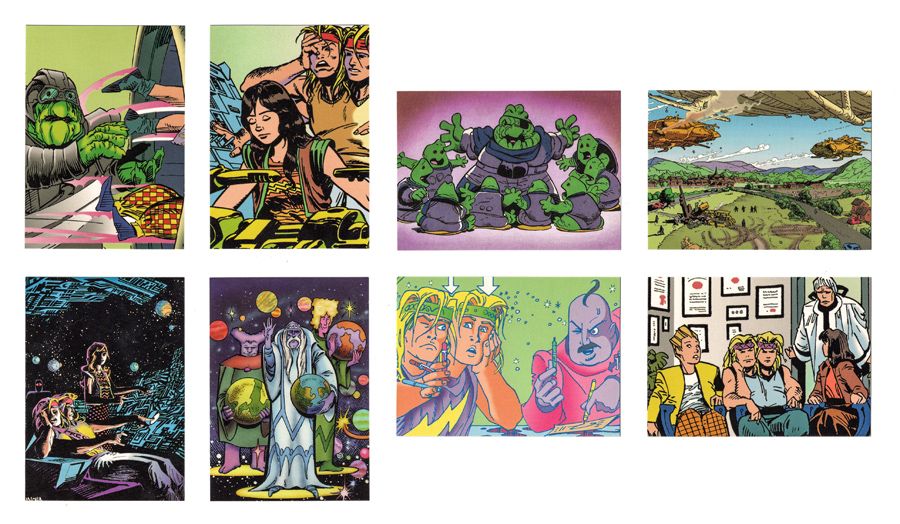 Hitchhikers Guide Trading Cards - they all have fun, inviting, brightly-colored art showing cartoony characters (often aliens).