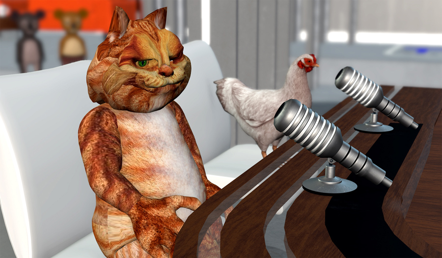 Orange cat sitting at table with chicken - two podcast microphones in front of them. Two koalas can be seen out of focus behind them.