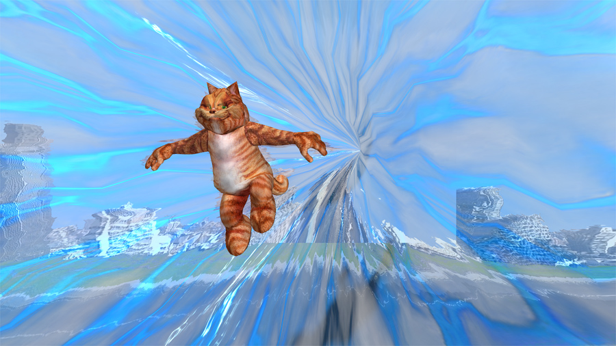 Orange Cat leaping out of a blue vortex