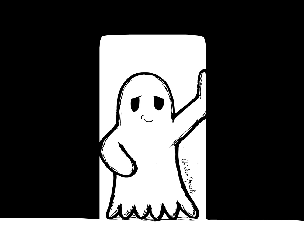 A ghost leaning casually in a doorway
