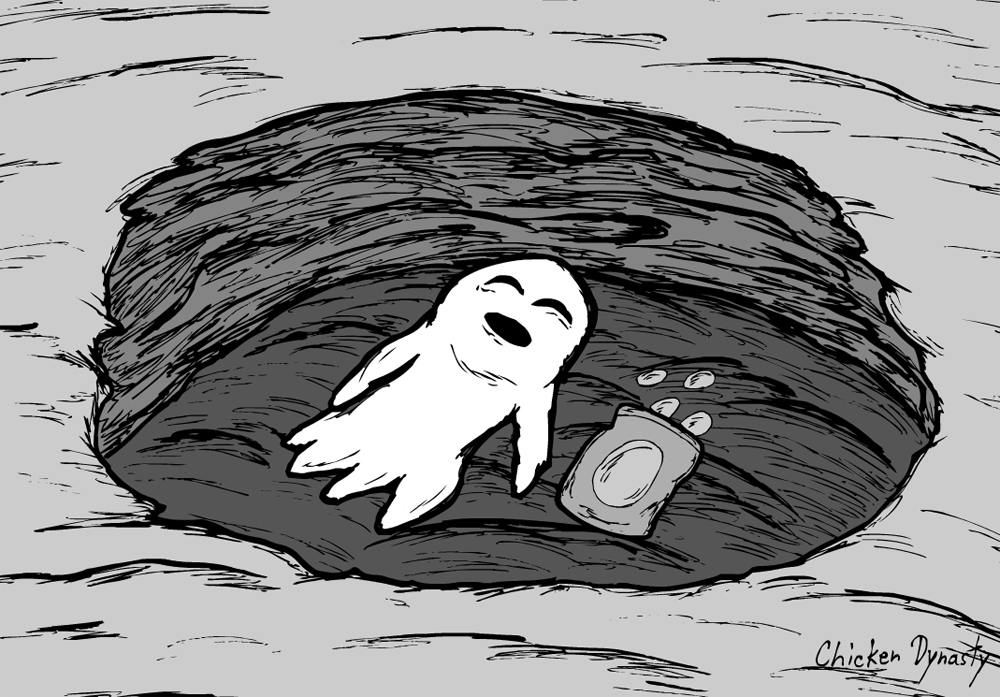Unconscious ghost lying in a ditch next to a bag of potato chips