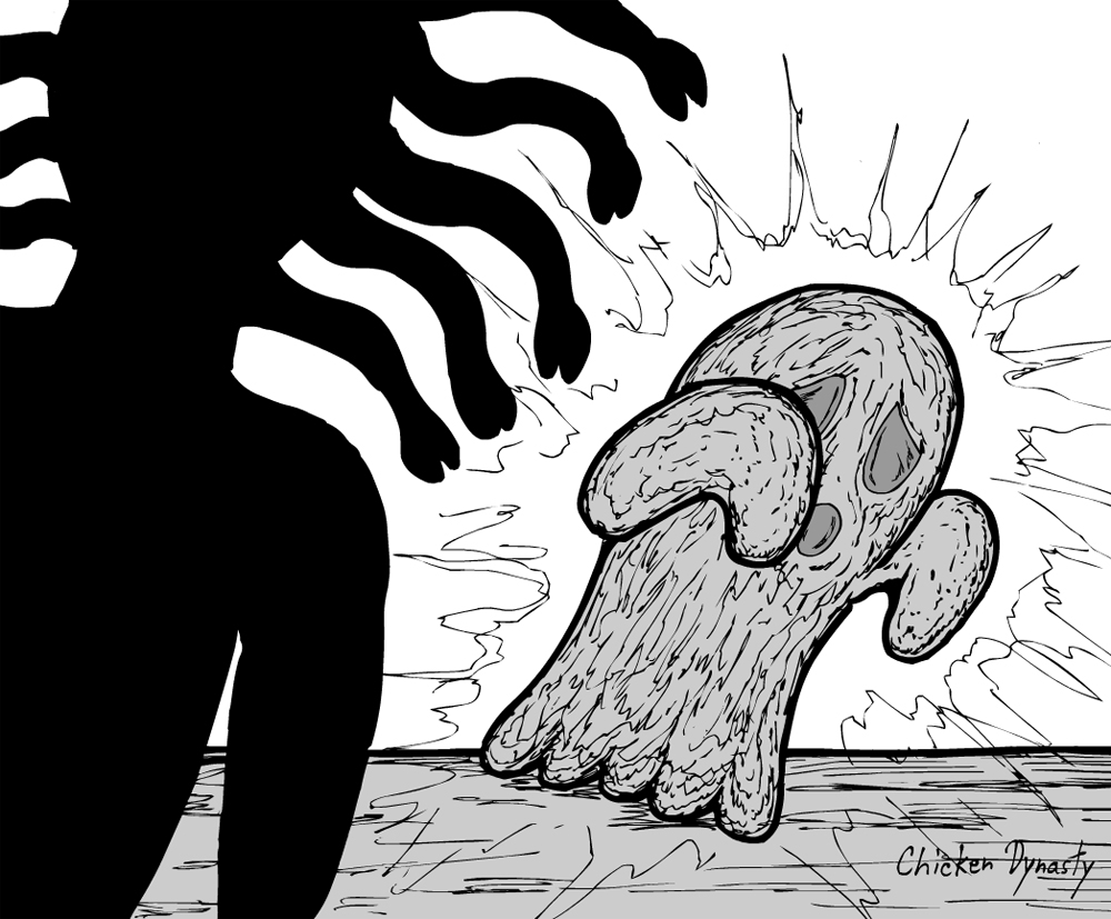 Medusa (in silhouette) turning a ghost into stone