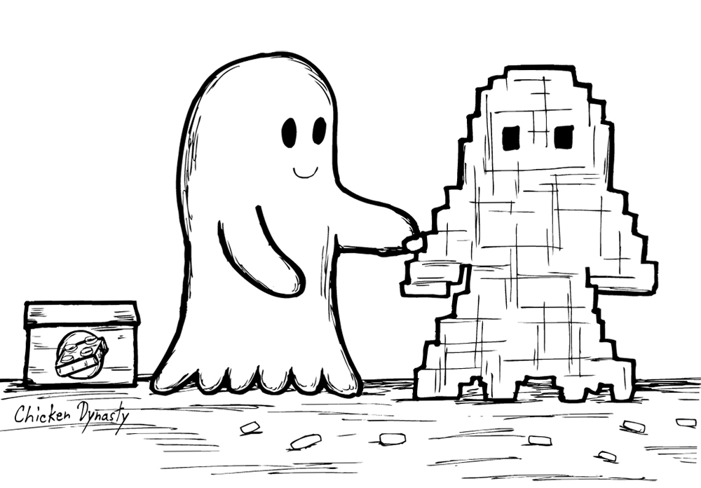 Ghost using toy building blocks to make a duplicate of himself