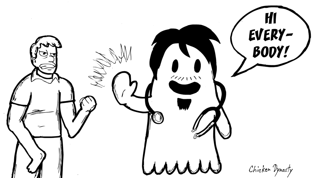 Dr. Nick from The Simpsons as a ghost saying "Hi everybody!" next to an angry Mr. McGreg