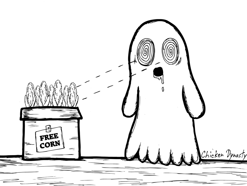 A ghost is transfixed by a box of free corn