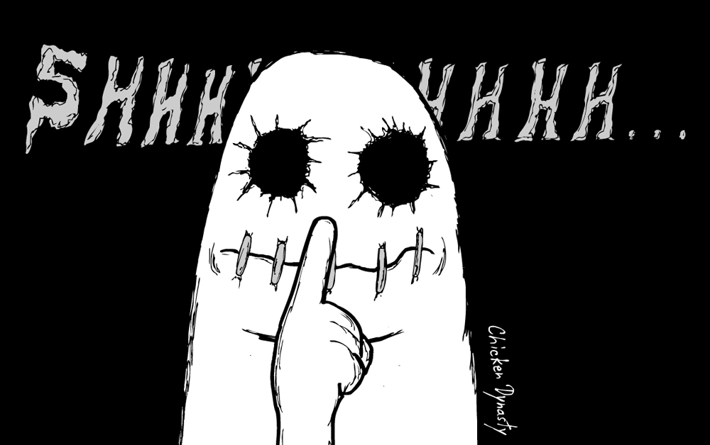 Ghost holding finger to sewn mouth: "Shhhhh..."