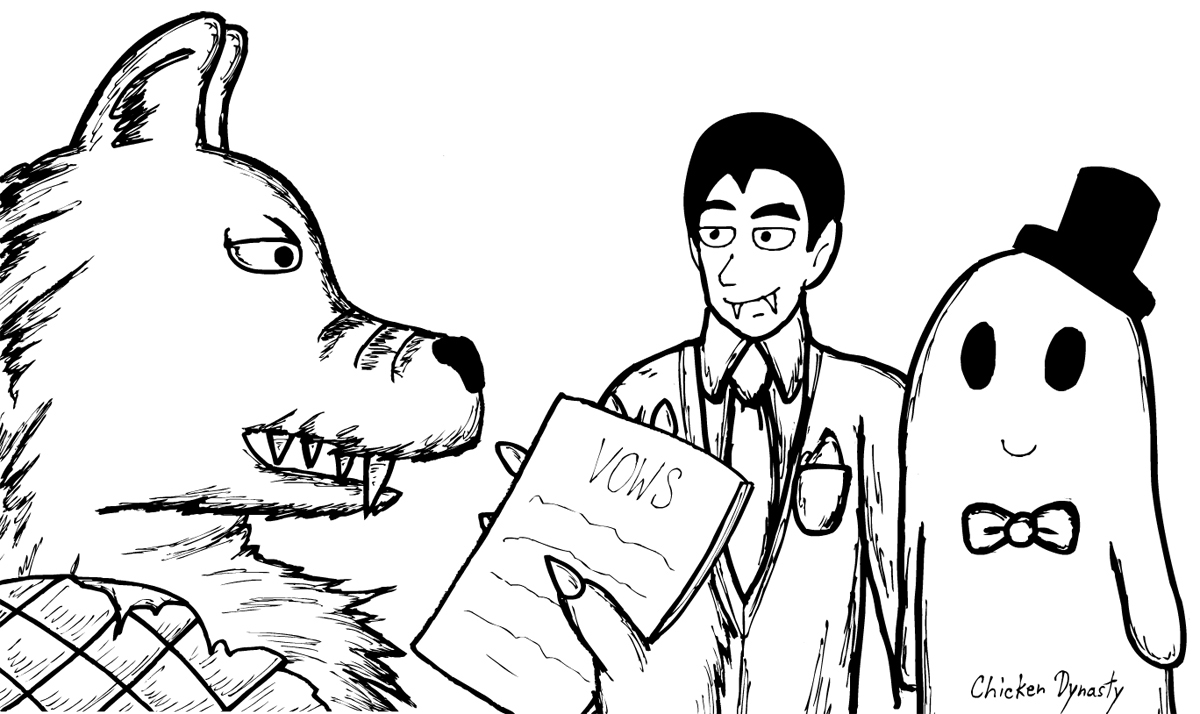Werewolf officiating the wedding between vampire and ghost