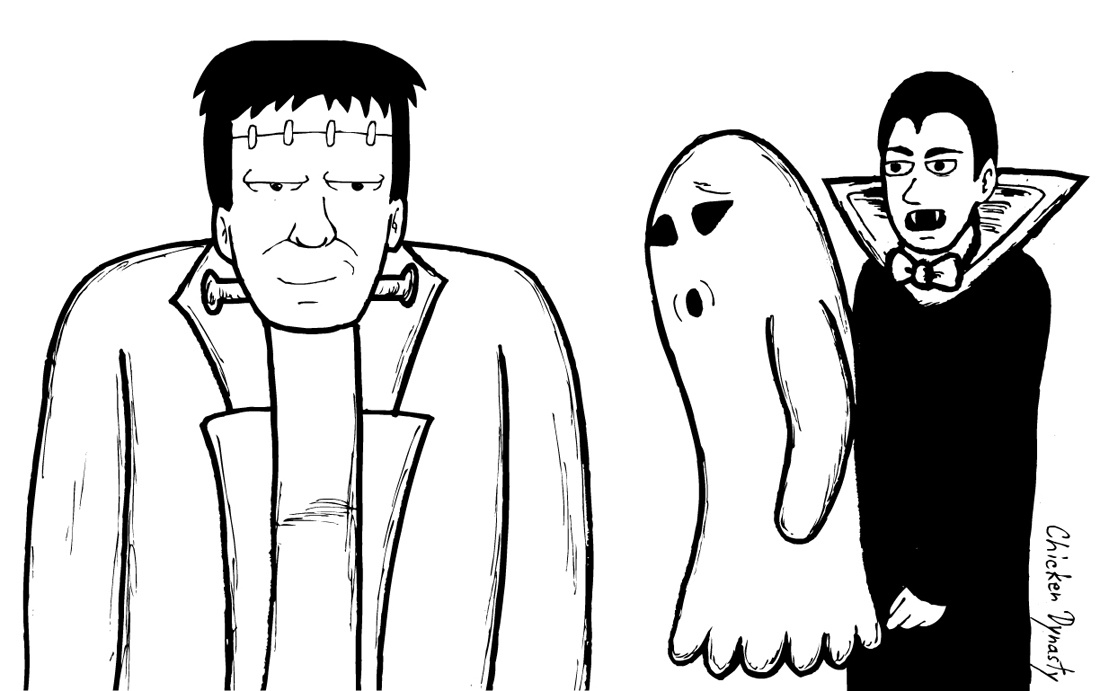 "Looking Back/Distracted Boyfriend" meme with Vampire upset at Ghost checking out Frankenstein as he walks by