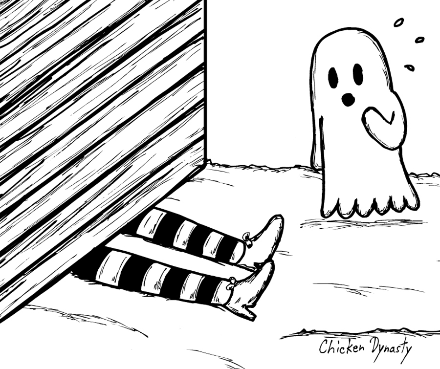 Concerned ghost staring at the Wicked Witch of the East's legs (from Wizard of Oz) sticking out from under a farmhouse.