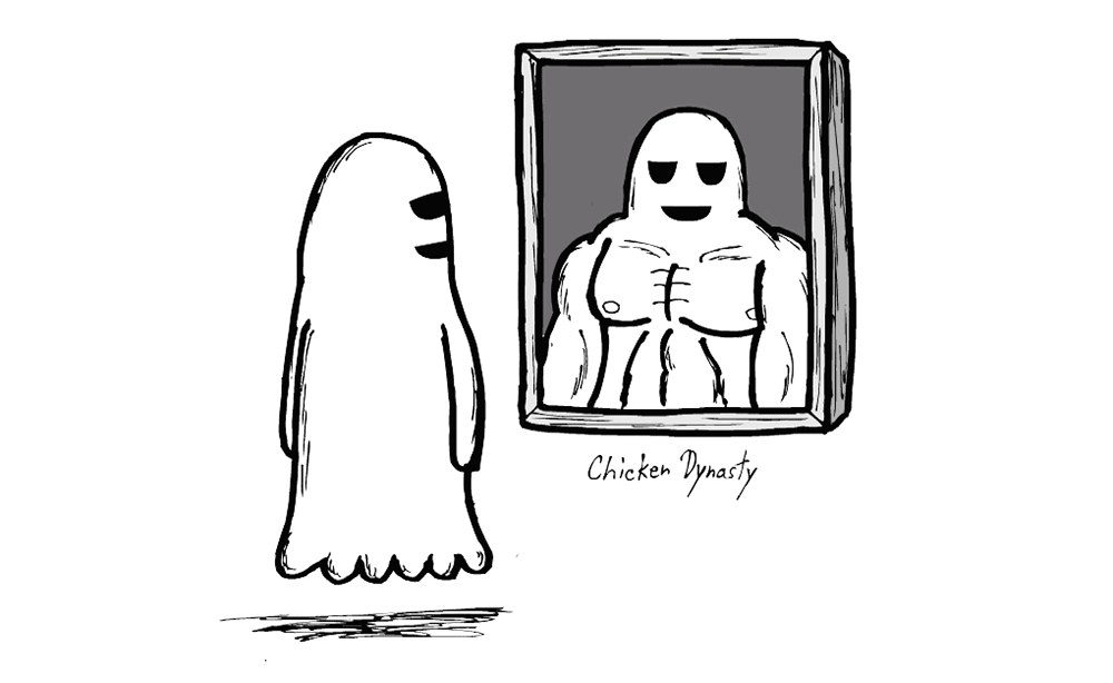 Ghost looking at reflection in mirror where he's muscular and flexing his pectoral muscles