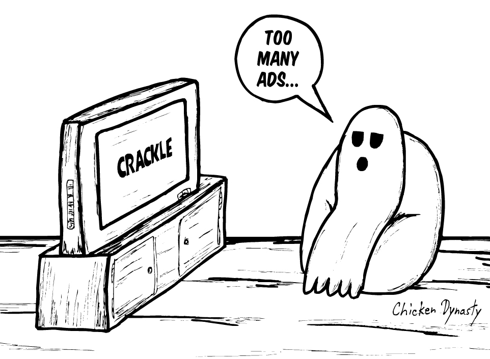 Ghost sitting in chair watching a tv with the Crackle (streaming service) logo onscreen. "Too many ads..." says the Ghost