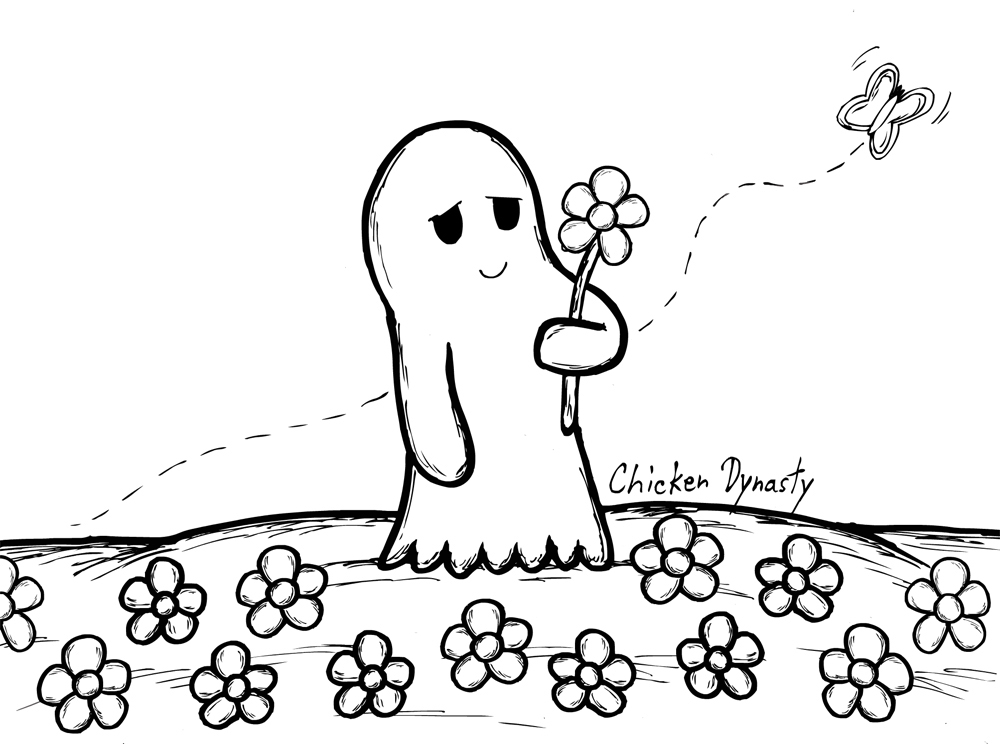 Ghost holding flower in field of flowers (and there's a butterfly too)