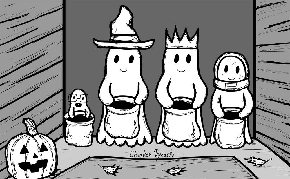 Four ghosts in costumes (nerd, witch, king, astronaut) trick-or-treating at a house with a Jack-o'-lantern.