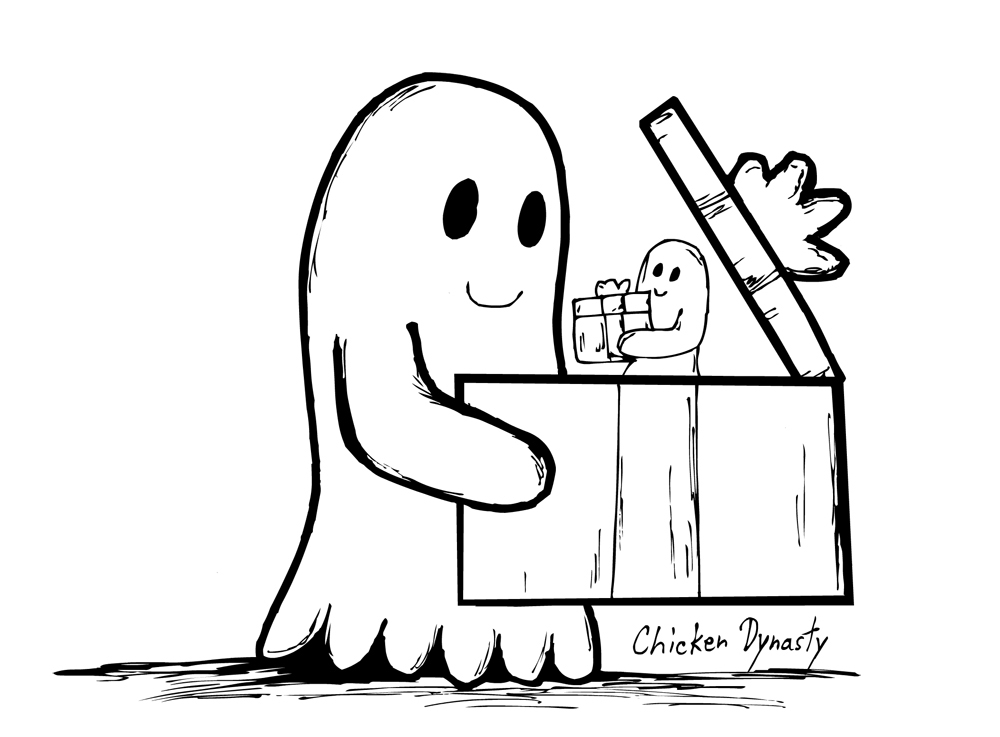 Ghost opening a gift and inside is a smaller ghost offering a small gift