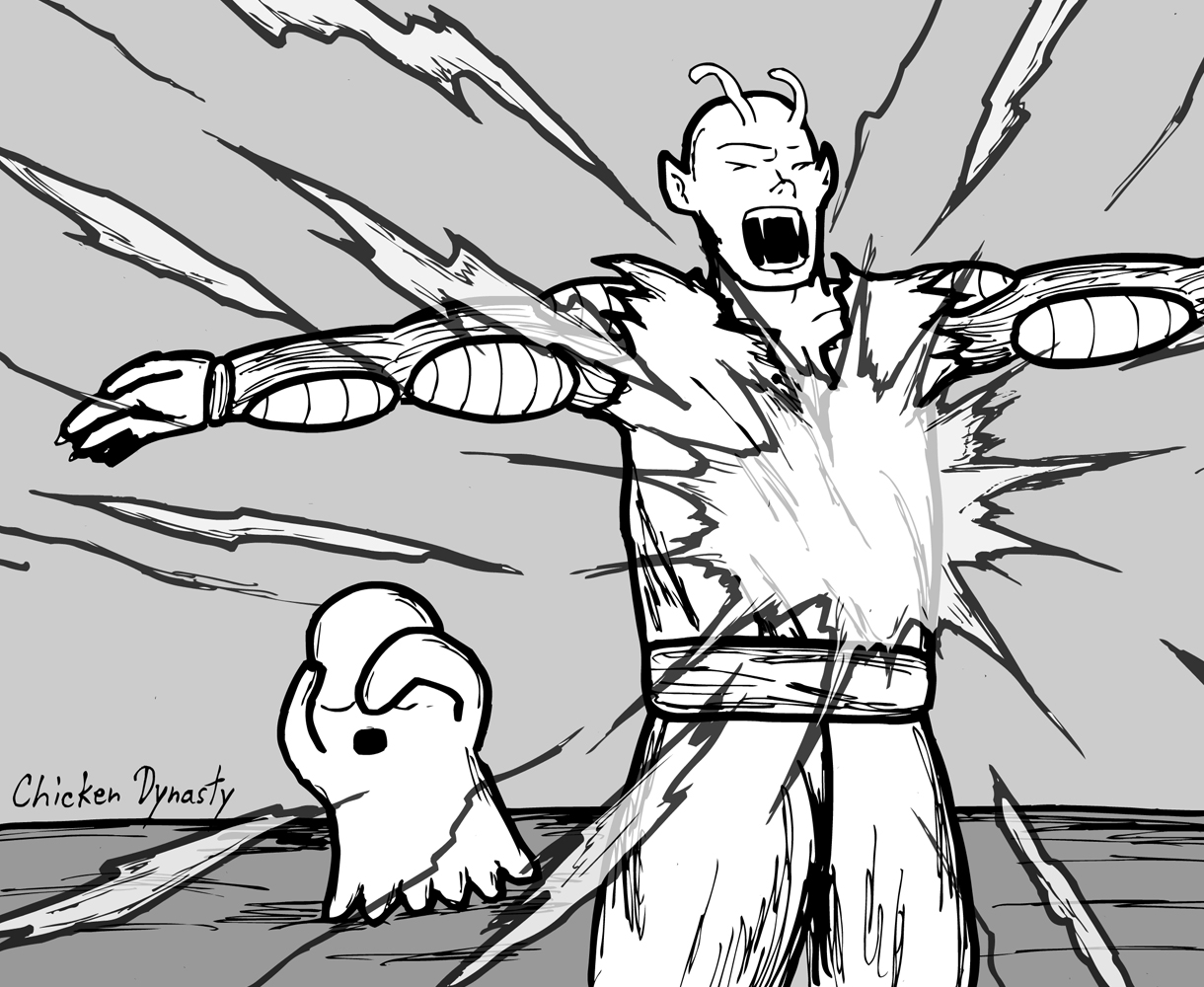 Piccolo from DBZ taking a ki blast meant for a ghost