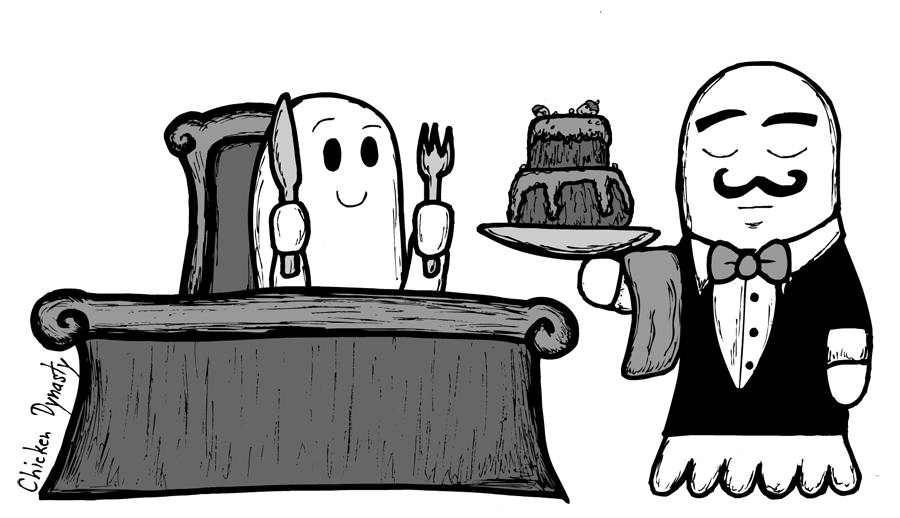 A butler ghost delivering cake to another ghost sitting at a table holding a knife and fork