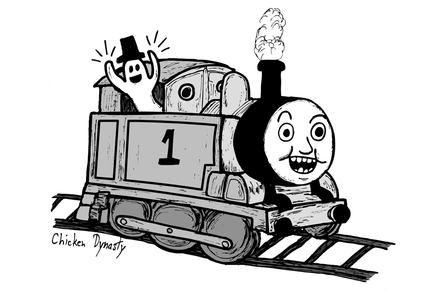 Happy ghost wearing top hat riding Thomas the Tank Engine (who is also happy)