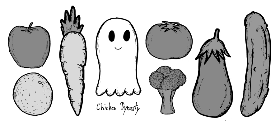 Apple, orange, carrot, GHOST, tomato, broccoli, eggplant, cucumber