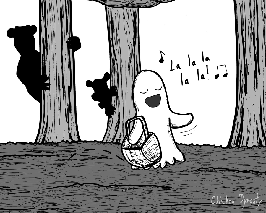 Happy ghost singing and strolling through a park with a picnic basket while the silhouettes of Yogi Bear and Boo-Boo Bear watch in the distance