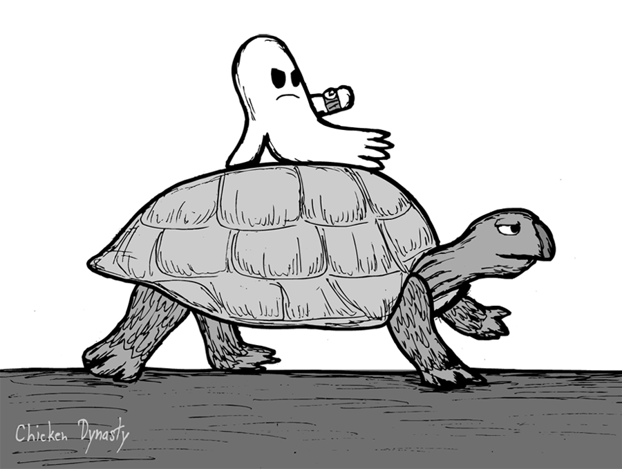 Aughost 20aImpatient ghost looking at watch while riding slow tortoise24 21 Slow