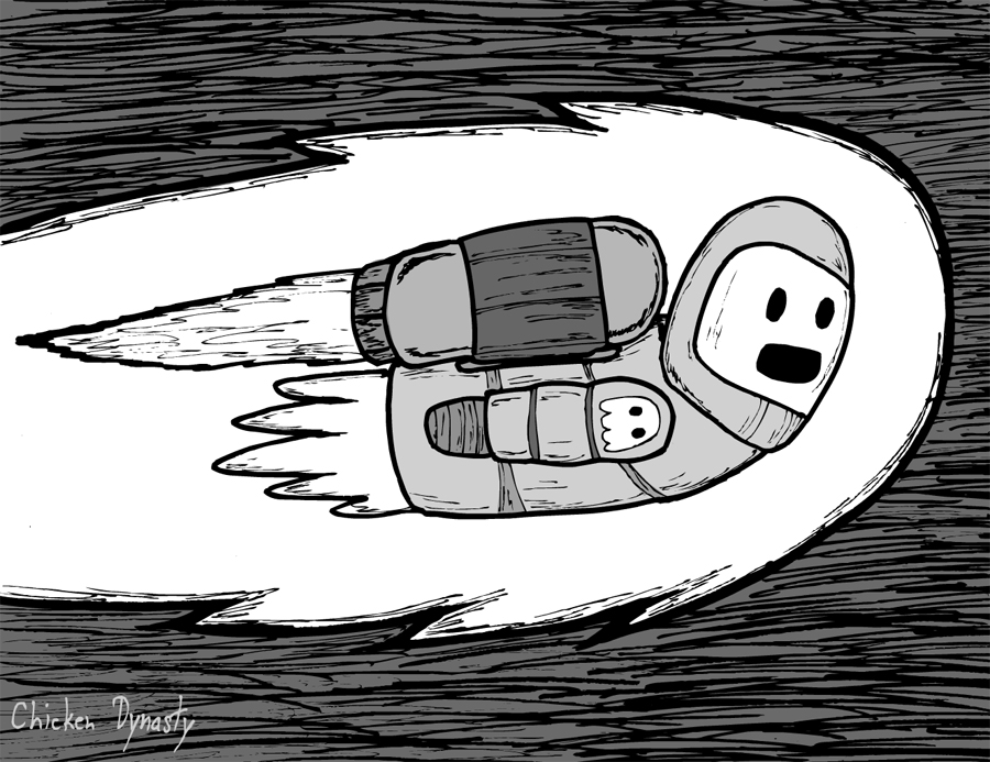 Ghost wearing space suit with jetpack going at extreme speeds