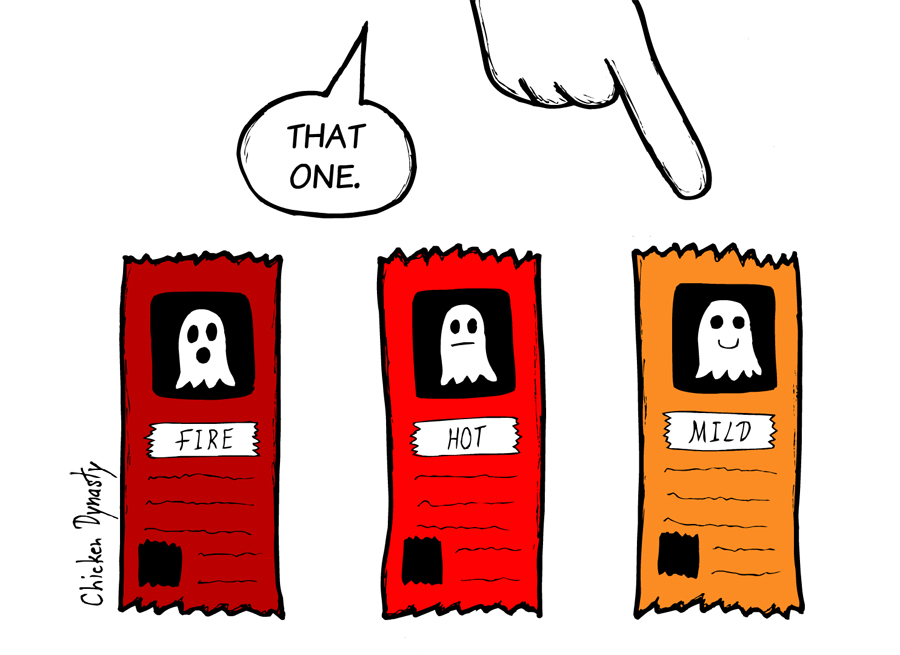 Three Taco Bell-esque hot sauce packets with ghosts on them: Fire, Hot, and Mild. A ghostly finger points at the mild packet, "That one."