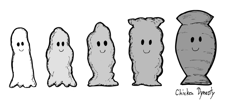A ghost gradually morphing into a solid vase