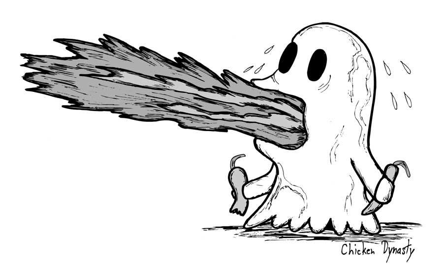 A ghost holding two peppers with fire coming out of its mouth