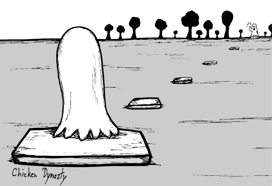 Large ghost in foreground on stepping stone. In the distance, we see more stepping stones and a small ghost waving; silhouettes of trees can be seen further back