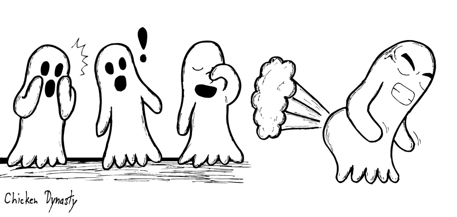 A ghost farting in front of three other ghosts