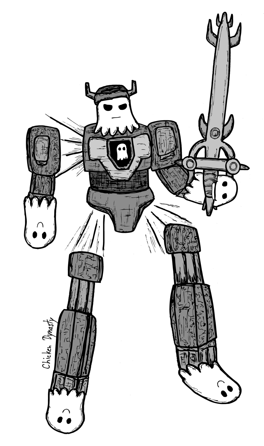 A ghost version of GoLion/Voltron (with ghost heads instead of lion heads) assembling itself and holding a sword