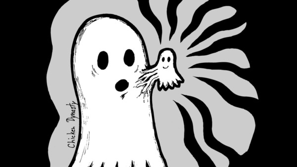 A little smiling ghost growing out of a big surprised ghost