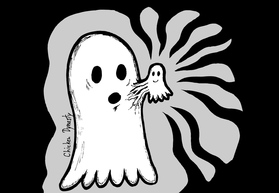 A little smiling ghost growing out of a big surprised ghost