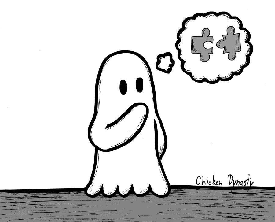 Puzzled ghost thinking about two puzzle pieces