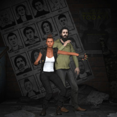 Paradise Lost render that's an homage to X-Men #141 Days of Future Past; in a dark alleyway, Shayna protects a frightened Tony in front of a poster showing photos of the other characters, and who is currently alive, slain, or apprehended.