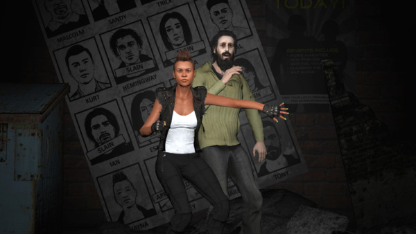 Paradise Lost render that's an homage to X-Men #141 Days of Future Past; in a dark alleyway, Shayna protects a frightened Tony in front of a poster showing photos of the other characters, and who is currently alive, slain, or apprehended.