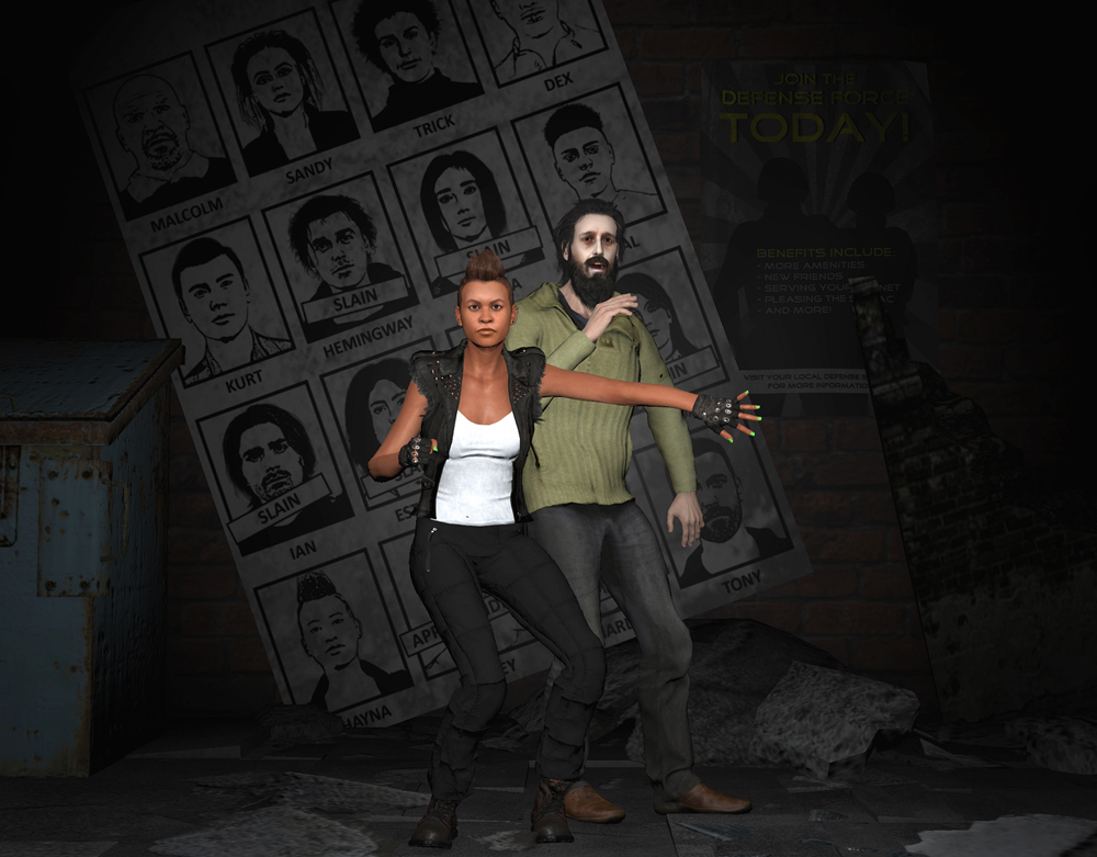 Paradise Lost render that's an homage to X-Men #141 Days of Future Past; in a dark alleyway, Shayna protects a frightened Tony in front of a poster showing photos of the other characters, and who is currently alive, slain, or apprehended.